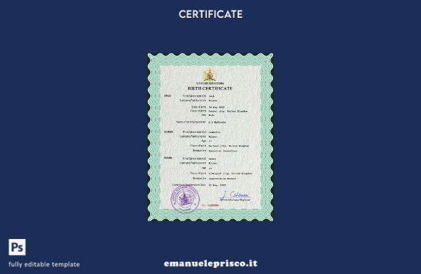 modello PSD del certificato di nascita del Regno Unito in stile verificato
